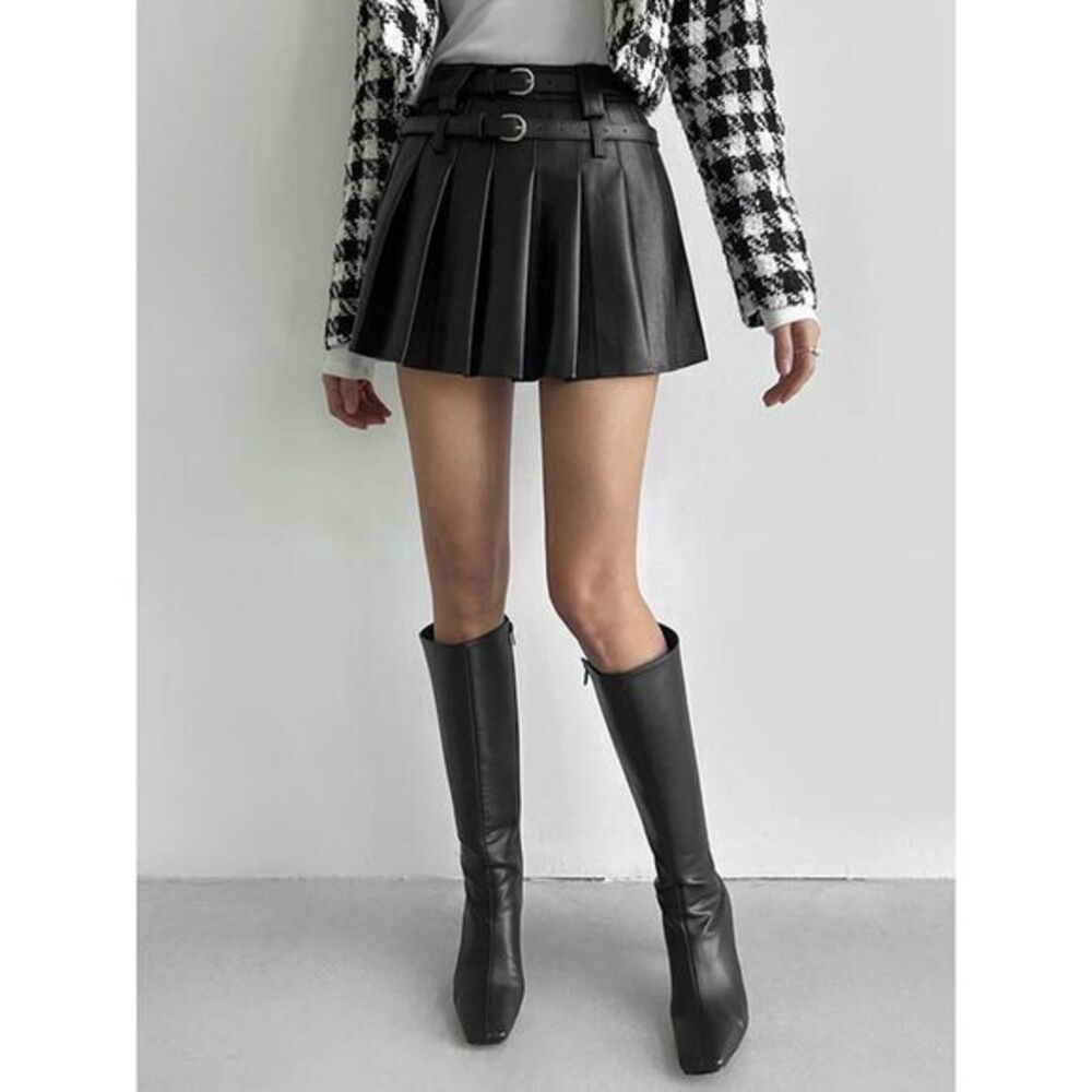 Commense Pleated Mini Skirt‎ with Double Buckle Belt Preppy School Girl Style M - Picture 2 of 6